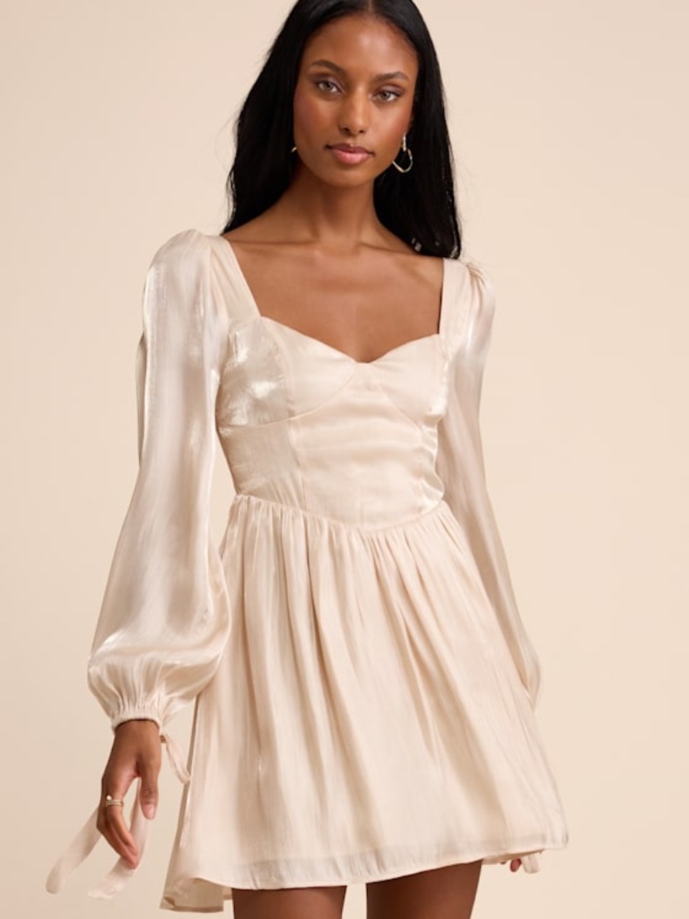 Lulus Lirenda Shiny Champagne Balloon Sleeve Tie-back Mini Dress Beige - Size XS